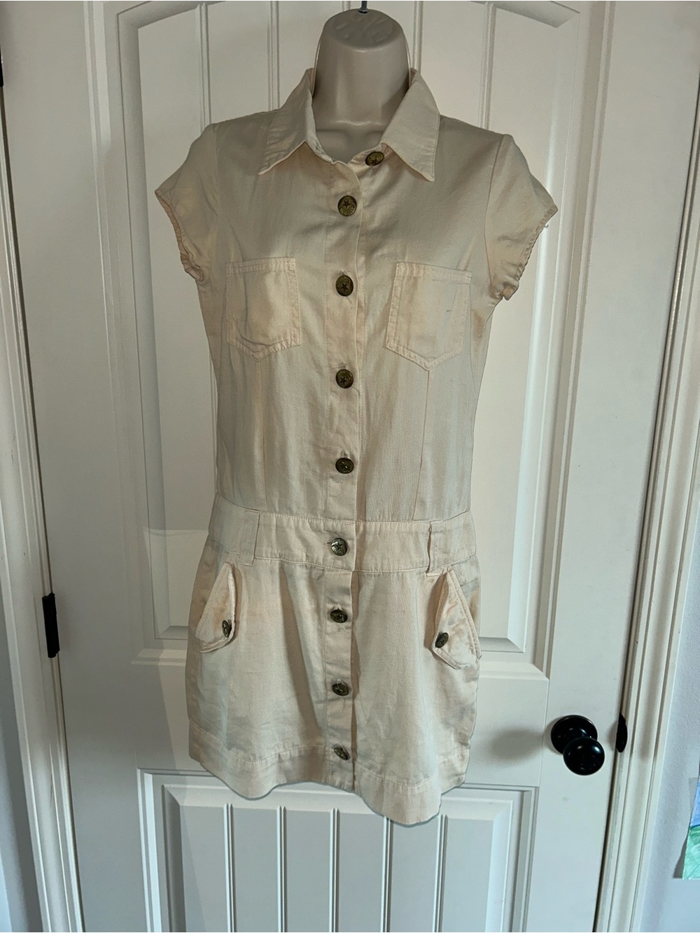 Hard Tail Cream Short Sleeve Button Front Mini Dress Sz XS